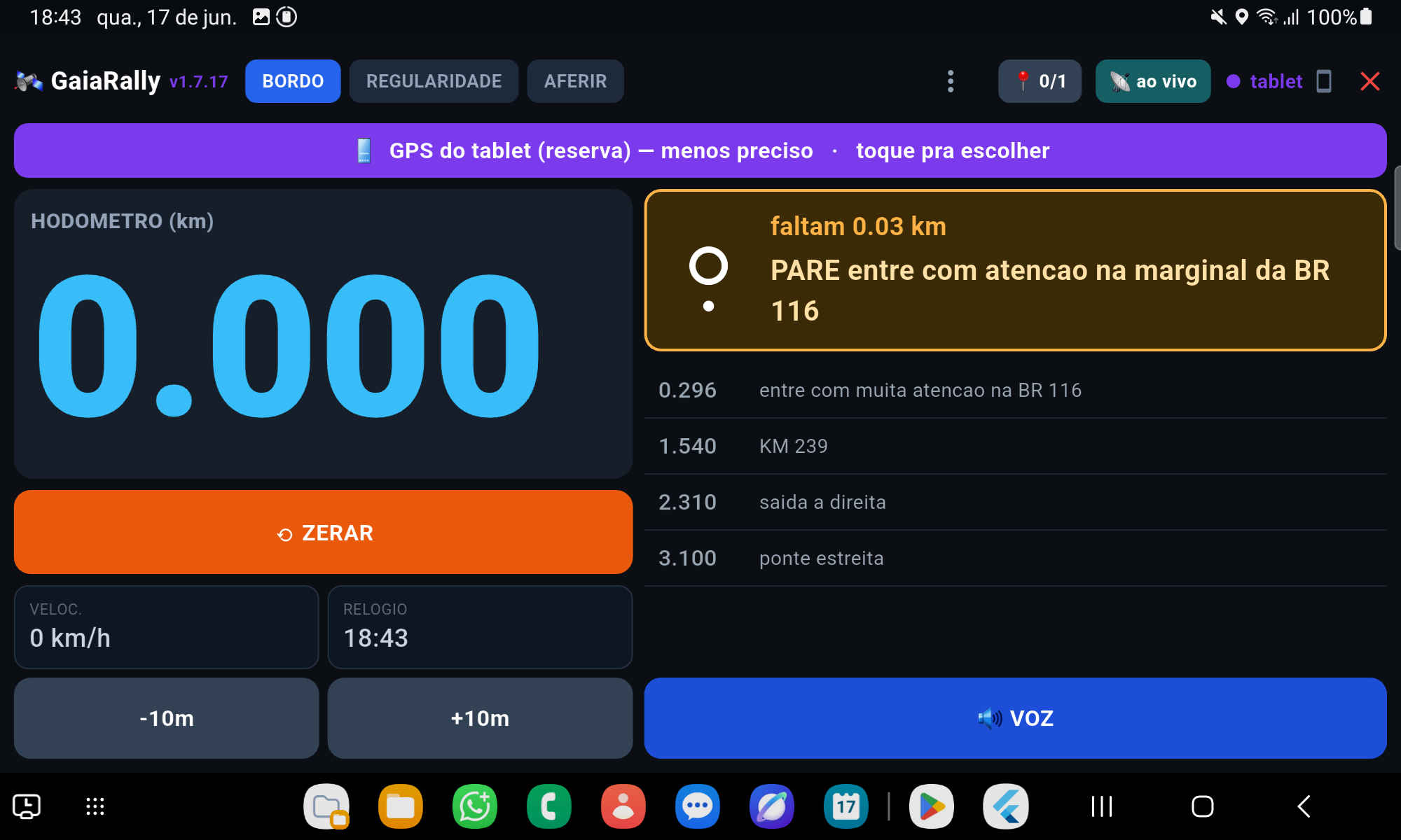 tela bordo com roadbook